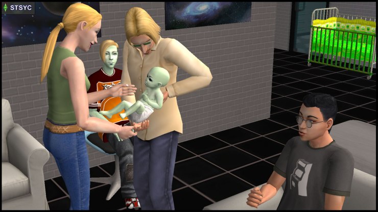 Pascal Curious' alien baby Newton is handed by Uncle Vidcund to Aunt Jenny Smith