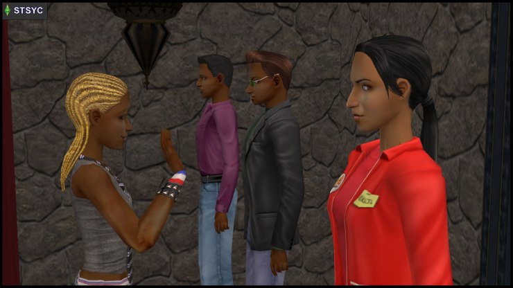 Ophelia Nigmos tries to talk to Danielle Greaves, while Tim Lee & Earl E DeMise also stare blankly